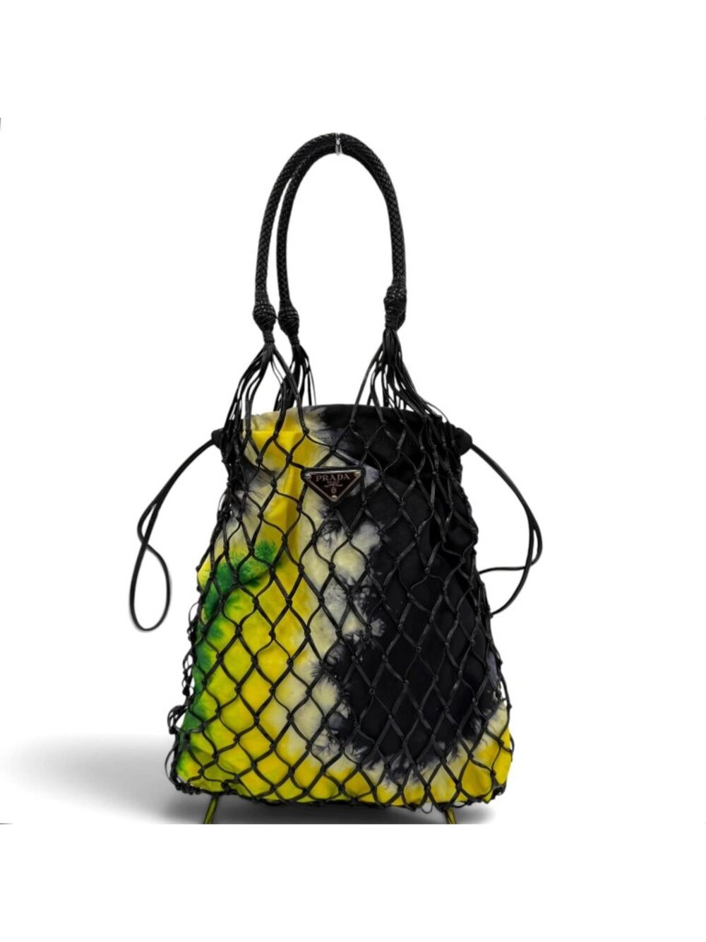 Prada Triangle Logo Leather Mesh Tote Black Yellow